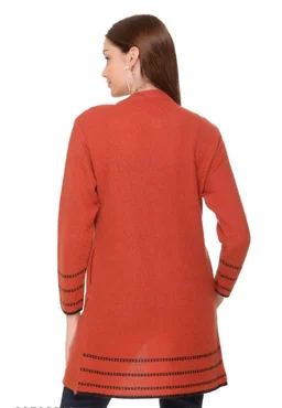 CLAPTON Women Round Neck Rust Full Sleeve With Pocket Wool Cardigan (Outer Long) - XXL, Rust, Wool, Pack of1